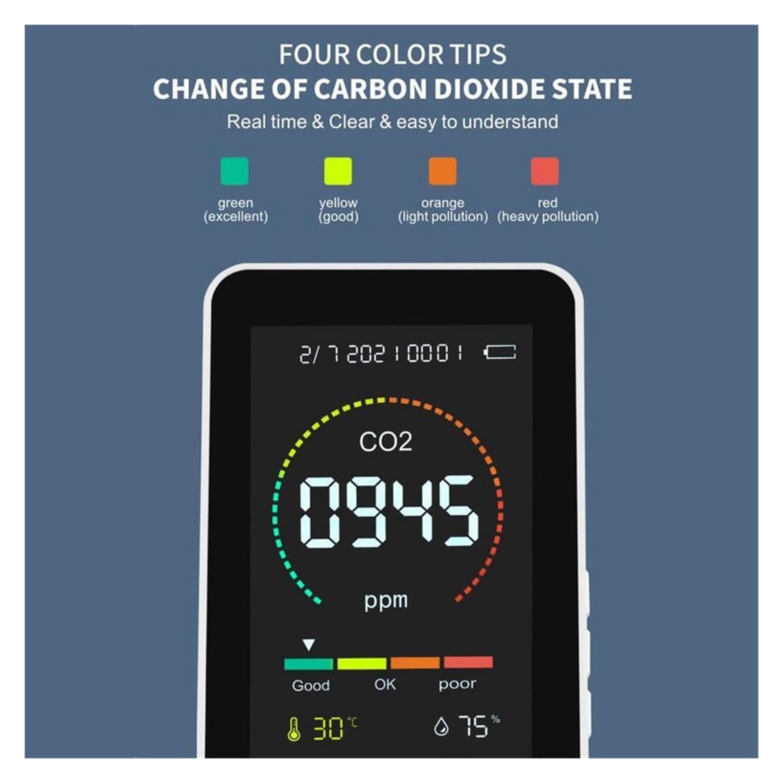 Misuratore Qualità dell'aria, Misuratore di CO2 3 In1 Monitor a qualità 'aria Tester del sensore di umidità a temperatura digitale Rilevatore di anidride carbonica portatile multifunzionale per Casa C