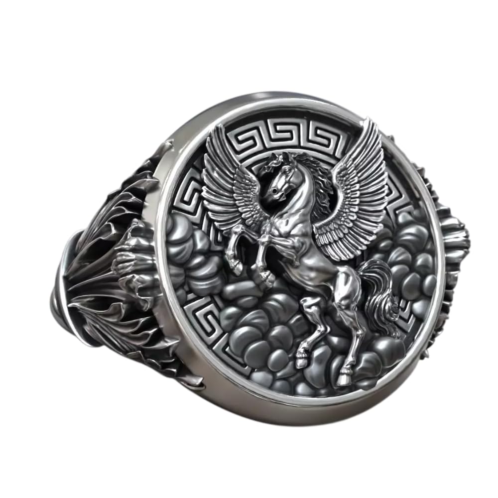 Pegasus Greek Mythological Winged Horse Acanthus Men Signet Ring Gothic Medieval Striking Acanthus Relief Mens Greek Meander Ring Oxidized 925 Sterling Silver Handmade Powerful Jewelry