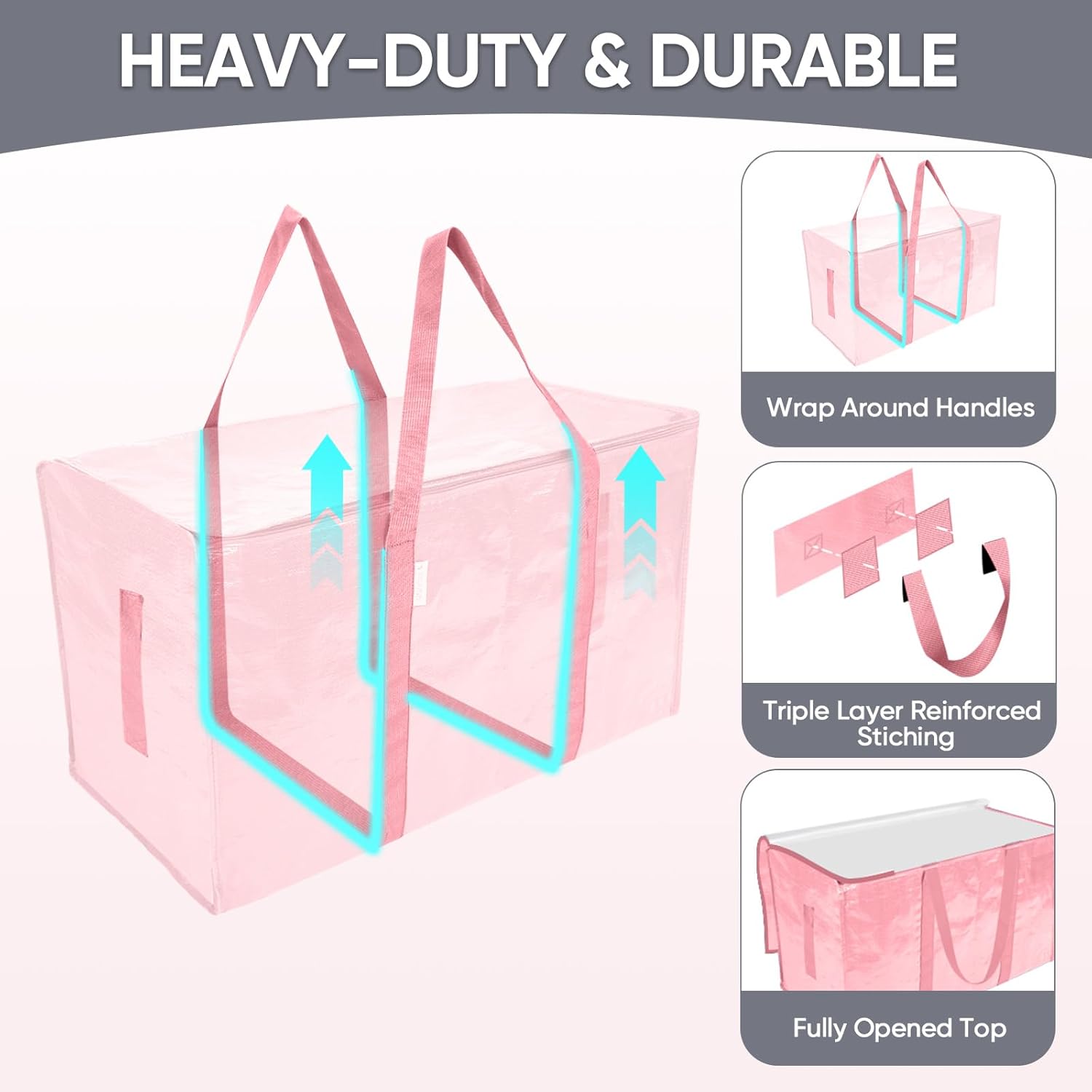 TICONN 8 Pack Extra Large Moving Bags Heavy Duty with Zippers & Carrying Handles, Durable Storage Bags Moving Boxes for Closet Organizers and Storage (8 Pack, Coral) - Image 3