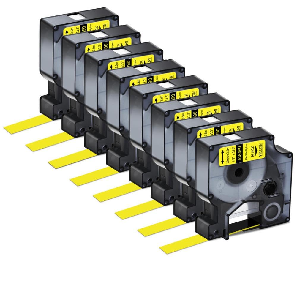 3 5 8 10 pacchetto 18488 Nilon nylon flessibile in nylon compatibile nastro per etichetta bianca 12mm compatibile con stampante 1000 3000(8PK Black on Yellow)