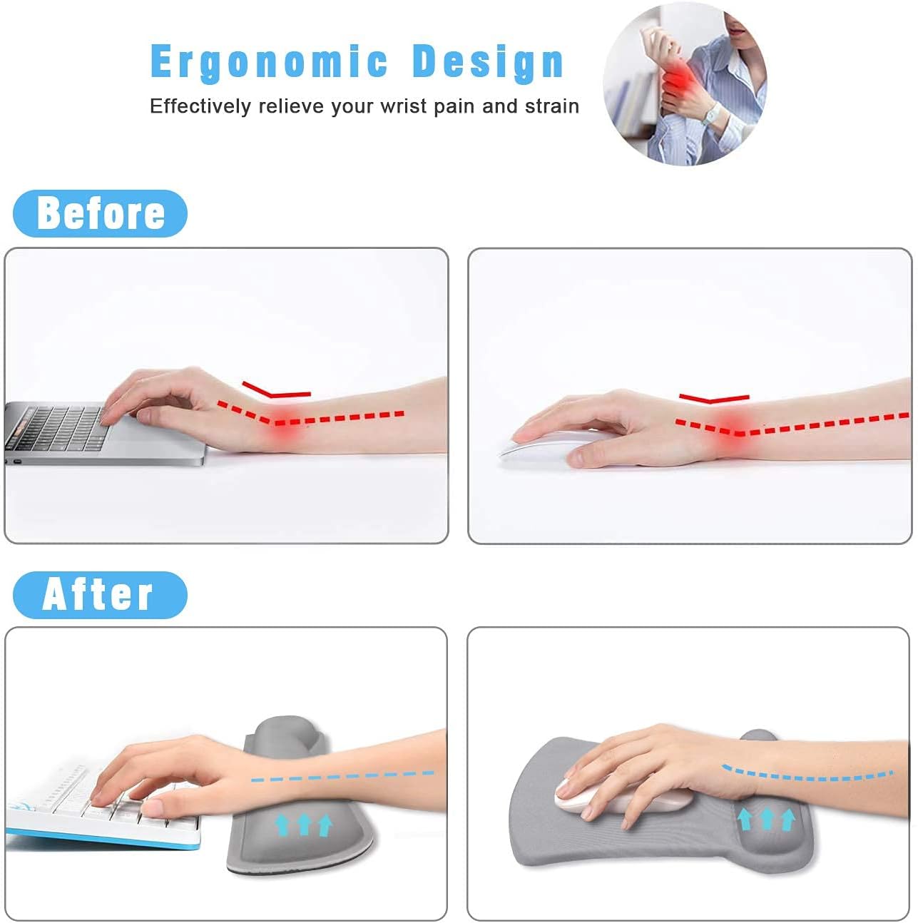 Memory Foam Ergonomic Keyboard Wrist Rest Pad and Mouse Wrist Rest Support Mouse Pad Set with Non-Slip Rubber Base Set for Office Gaming Easy Typing & Pain Relief-Gray