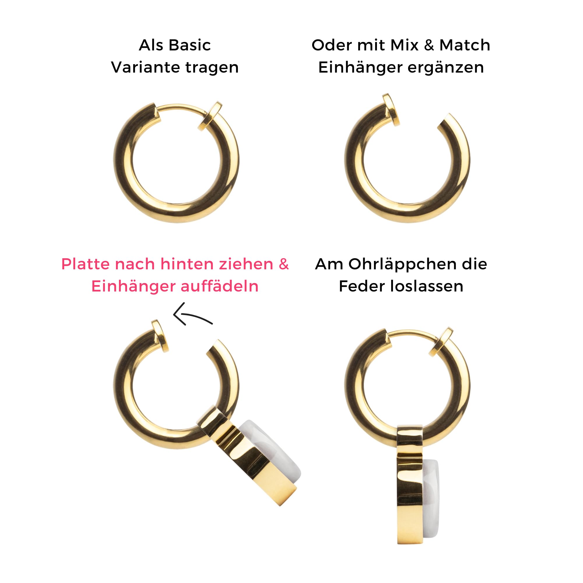Clip Ohrringe mit Anhänger • Gold Ohrclips aus Edelstahl 18k vergoldet • mit Charm zum Wechseln • nachhaltig & handgemacht • MIX AND MATCH • Ø 14 mm