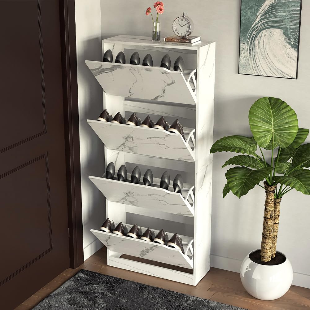 BAKAJI Schuhregal aus MDF-Holz mit 4 Türen, klappbarer Schuhhalter, versenkbare Griffe, doppelte Tiefe, kompakte Größe, Slim 63 x 24 x 50 cm, platzsparend, Eingang Haus (Marmor)