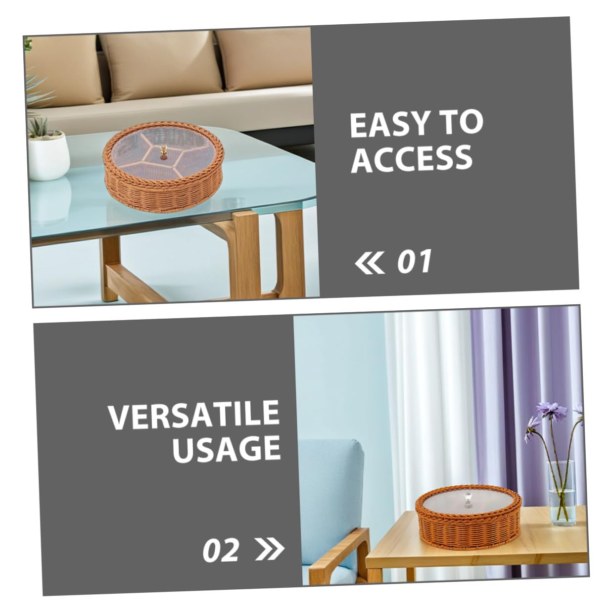 Plateau Compartimenté à Noix et Fruits Secs avec Couvercle Transparent en Plastique Tressé Main, Salon Bureau, Organisation Snacks et Apéritifs Polyvalente