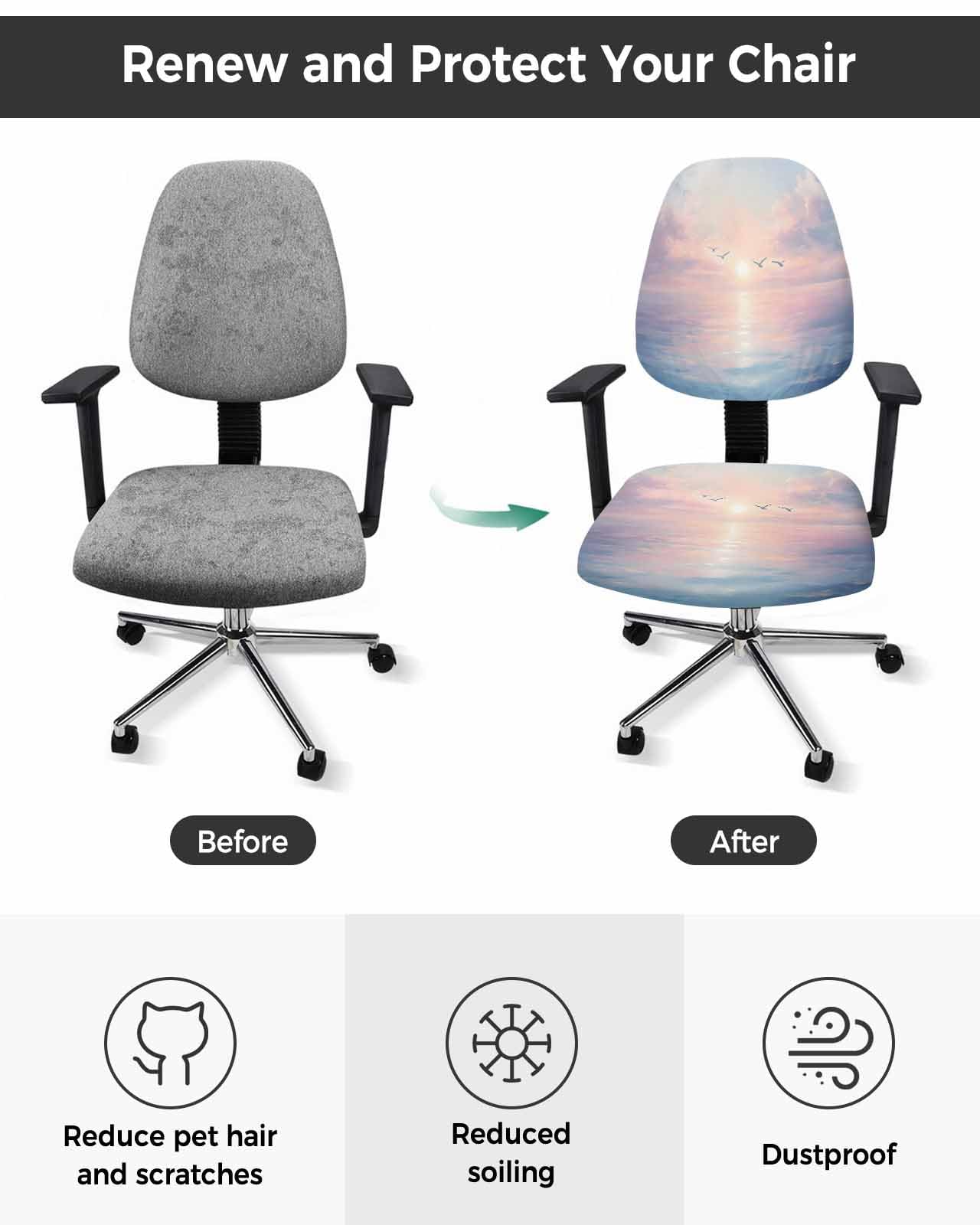 Ocean Sunset 2 Pieces Computer Office Chair Covers Set,Stretchable Desk Rotating Chair Seat Cushion Slipcover Back Covers,Pink Blue Nature Scenery Birds Painting Slipcover Back Cover,Protectors Cover