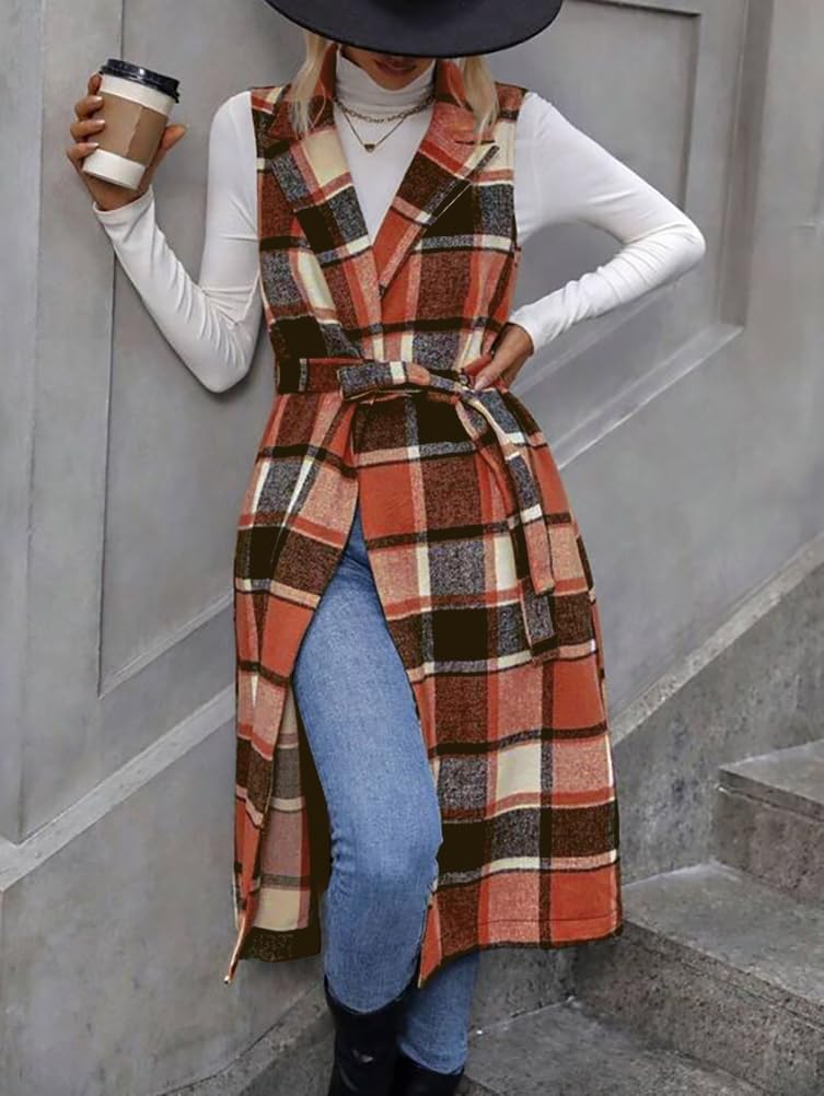 IDEALSANXUN Womens Long Plaid Vest Fall Winter Sleeveless Blazer Jackets Open Front Cardigan - Image 2