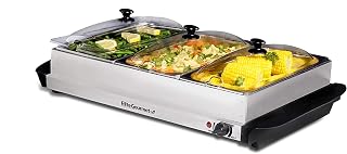 Elite Gourmet EWM-6171 Triple 3 x 2.5 Qt. Trays, Buffet Server, Food Warmer Temperature Control, Clear Slotted Lids, Perfect for Parties, Entertaining & Holidays, 7.5 Qt Total, Stainless Steel