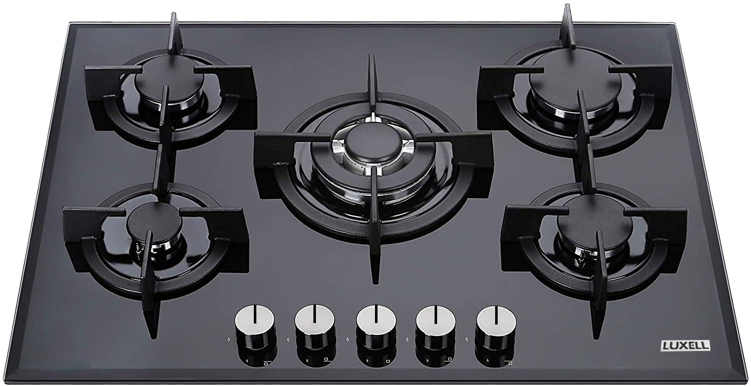 Piano Cottura a Gas 75 cm, 5 Fuochi, Vetro Temperato Nero, Griglie in Ghisa, Accensione Automatica, Bruciatore Wok 3500W, Metano e GPL