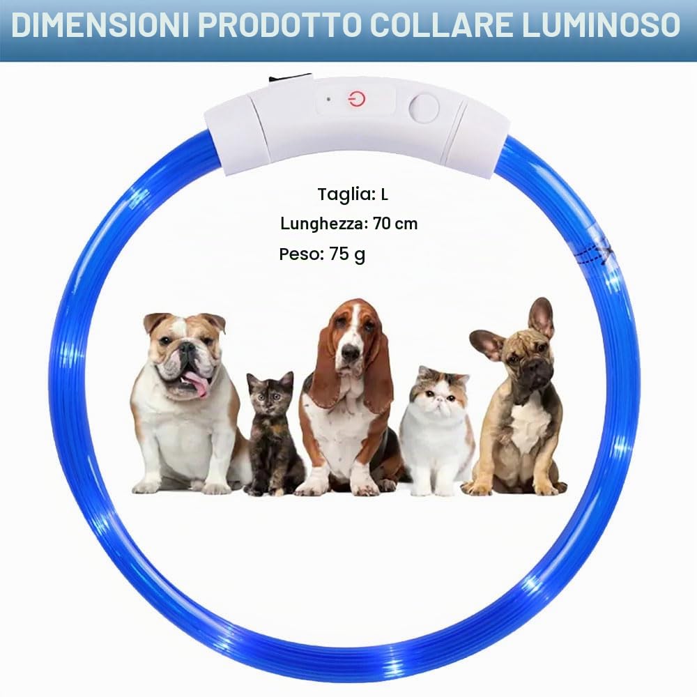 Voarge Collare luminoso per cane - Ricaricabile - Con 3 modalità di illuminazione - LED regolabile in lunghezza - Per cani di taglia media e grande - Blu