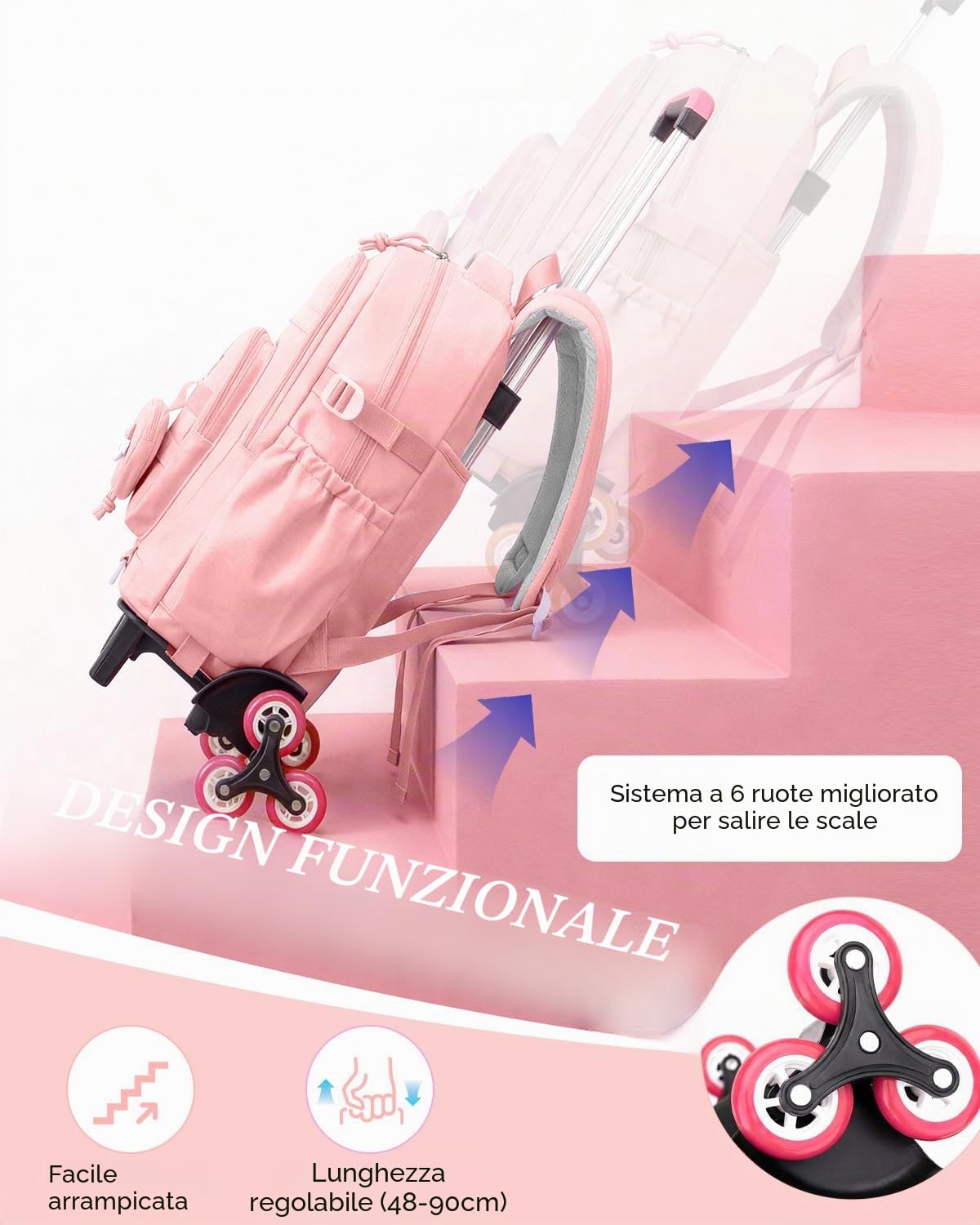 Amythe Zaino Trolley per Ragazza 9-16 Anni, Zaino Bambina Scuola Elementare con Carrello Rimovibile 6 Ruote, 21L Zaini Elementari con Rotelle per Bambine, Rosa