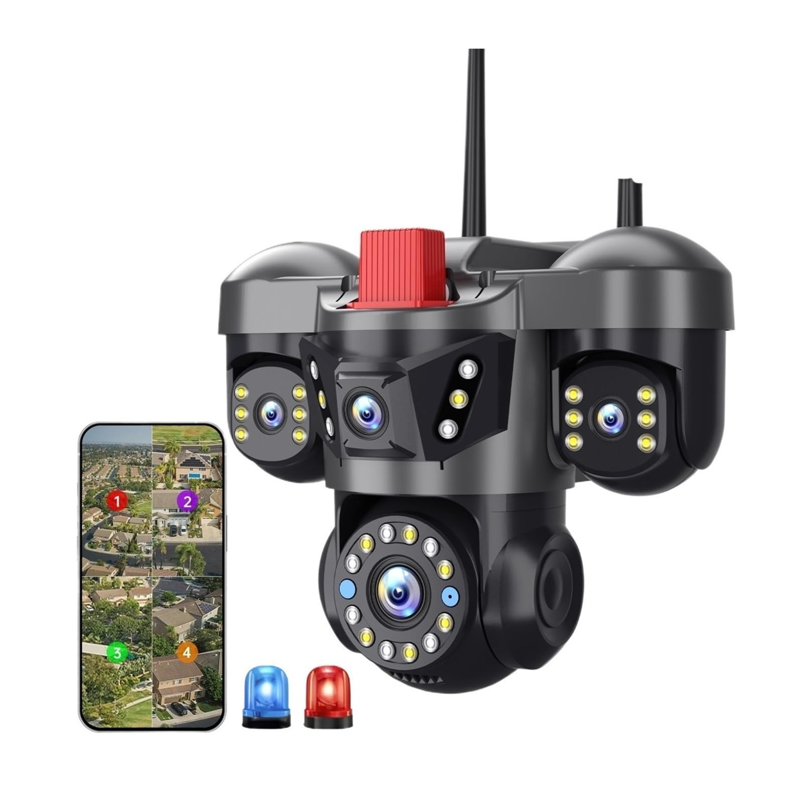 JVDDI 3MP Home Security Outdoor WiFi Camera 4 Lens 4 Screen 360° 16X Zoom CCTV Wireless Surveillance PTZ Cam Security Protection(3MP 5X Cam Add 128G)