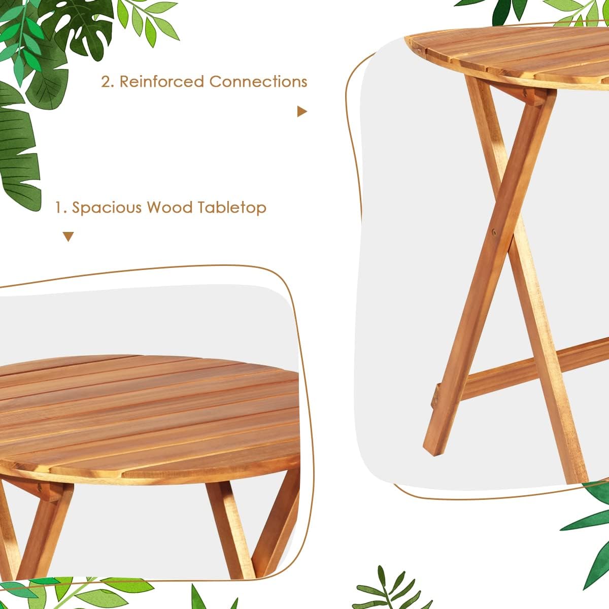 Outdoor Bistro Table and Chairs Set of 2, Patio Folding Bistro Set w/Padded Cushion& Round Coffee Table for Indoor Patio Poolside Garden Yard and Bistro, Acacia Wood