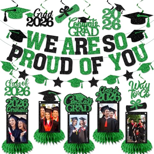 Image of Graduation Decorations 2026 - Green Congrats Grad Party Supplies Include Glitter We are So Proud of You Banner, Hanging Swirls and Honeycomb Centerpieces for Photo Toppers