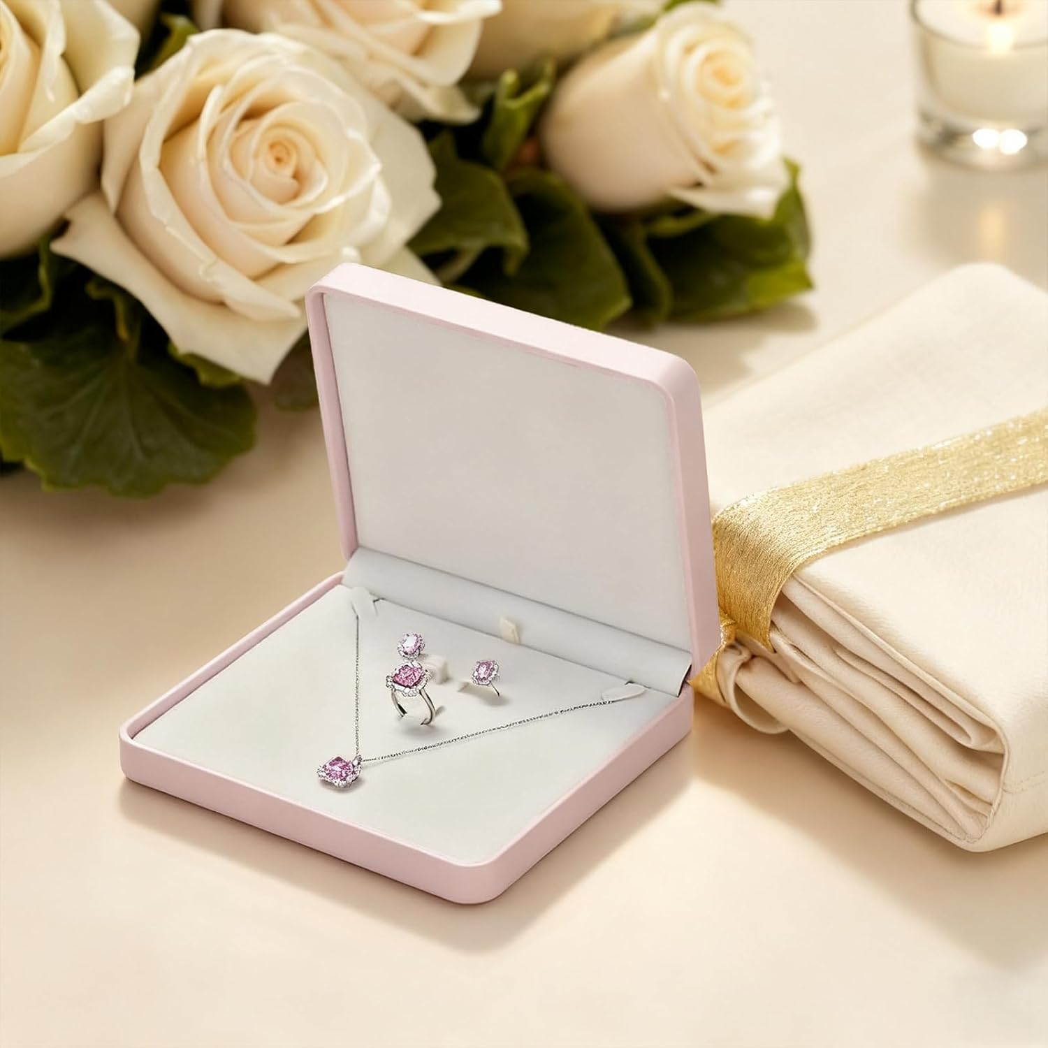 Large PU Leather Jewelry Set Box Velvet Interior Necklace Box Jewelry Gift Boxes Necklace Earring Ring Bracelet Holder for Birthday, Wedding, Valentine's Day Mother's Day (Pink)