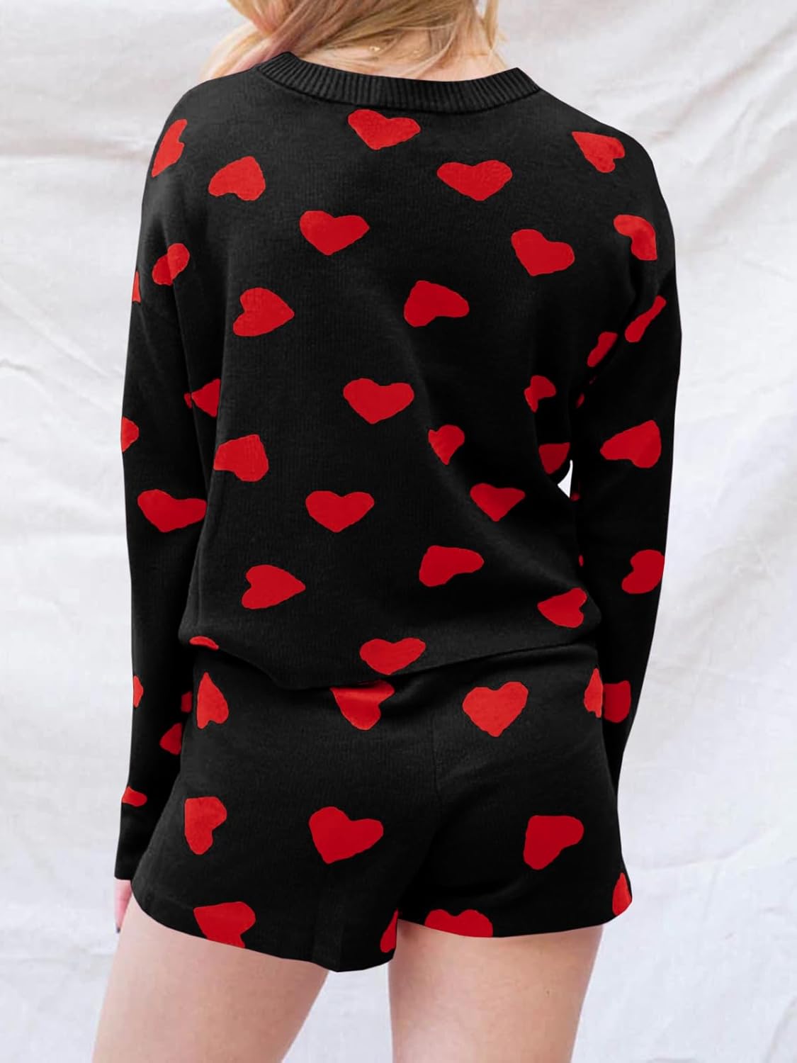 Saodimallsu Womens Valentine's Day Pajama Sets Hearts Print Lounge Set Long Sleeve Sweater and Shorts 2 Piece Outfits - Image 4