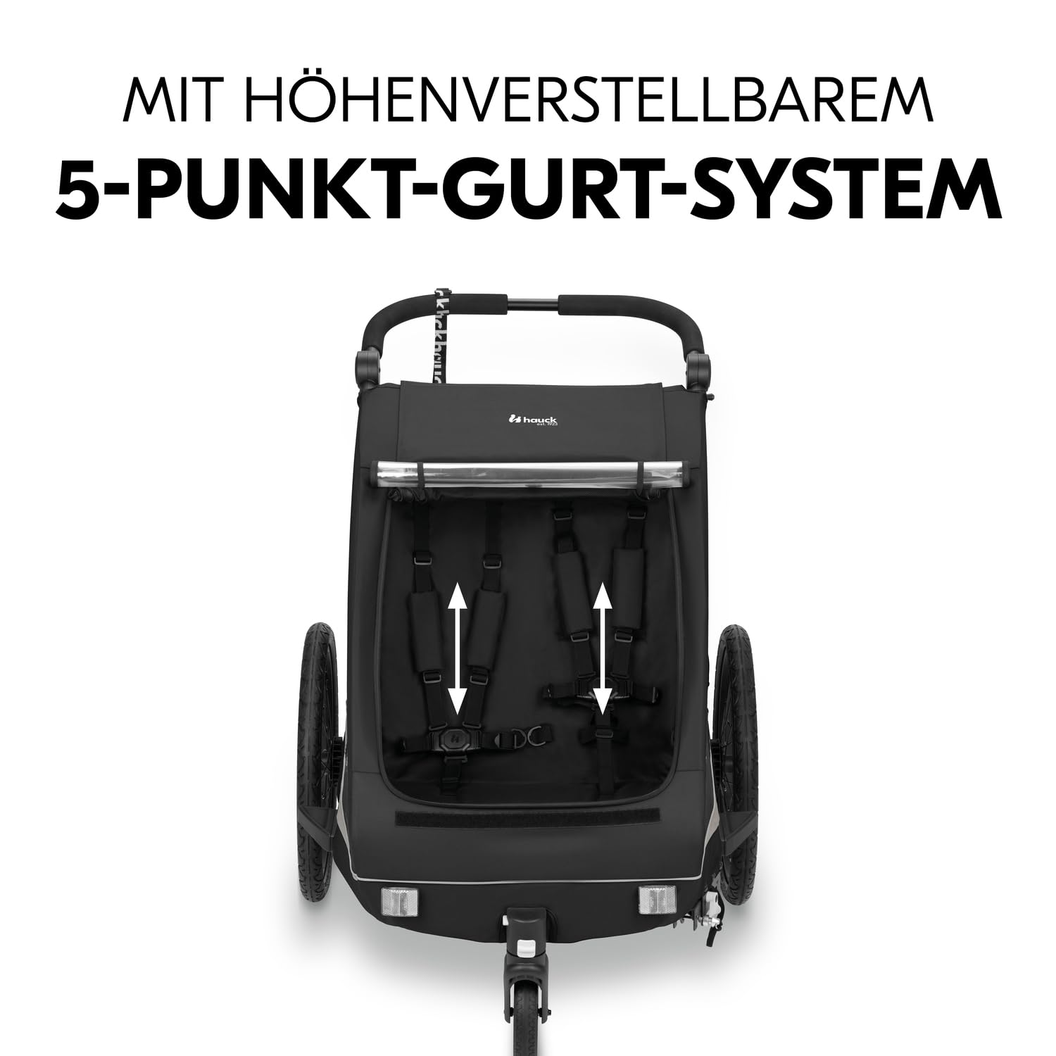 Hauck Dryk Duo Plus - Remolque de bicicleta y cochecito para 2 niños (6-48 meses), incluye protección contra la lluvia, toldo, barra de remolque, rueda de buggy, bandera y luz LED, color negro