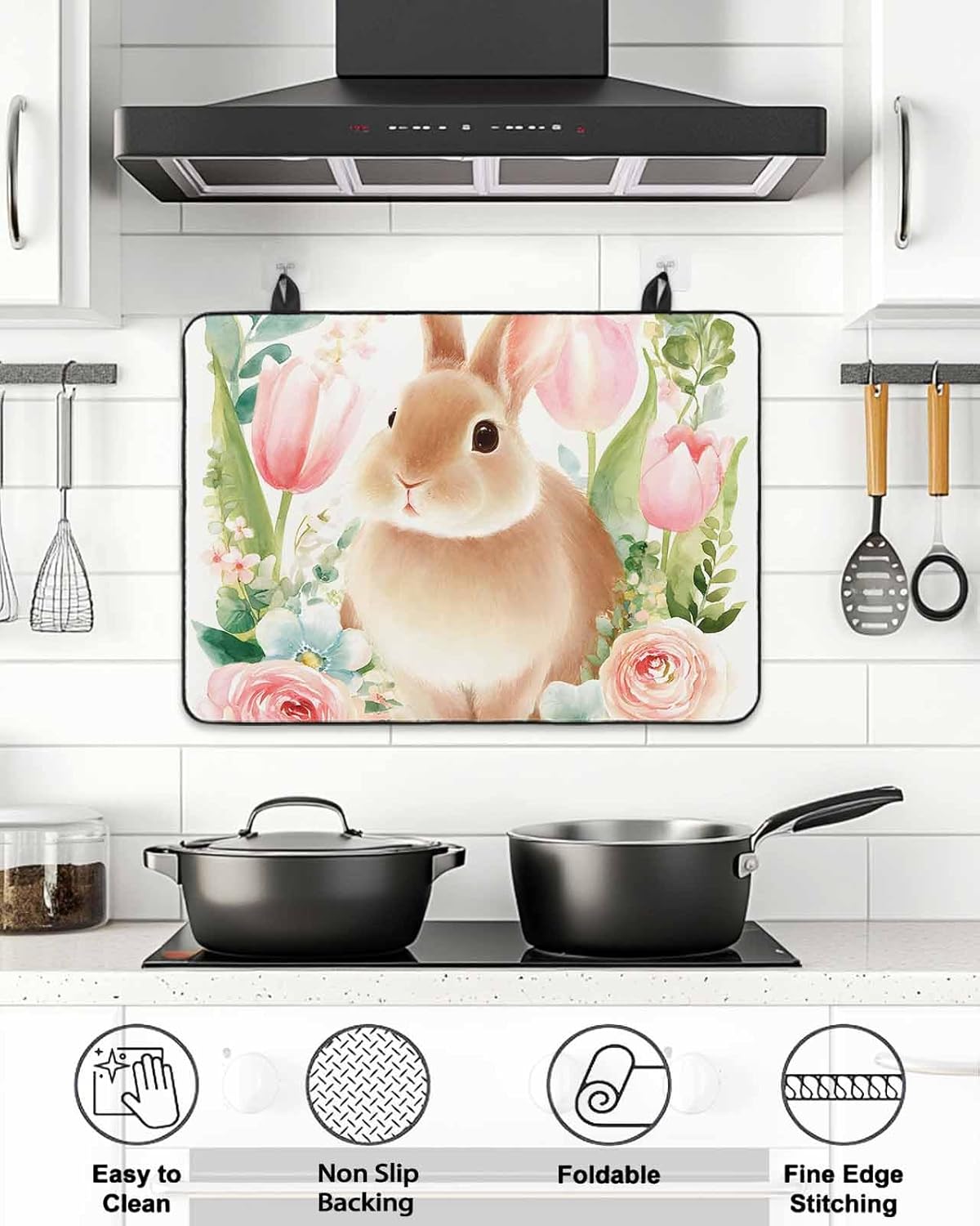 Easter Rabbit Stove Cover for Electric Stove, Watercolor Bunny Pink Roses Floral Leaf Stove Top Cover for Glass Top, Heat Insulation Rubber Mat Foldable Cooktop Top Protector, 36"x21"