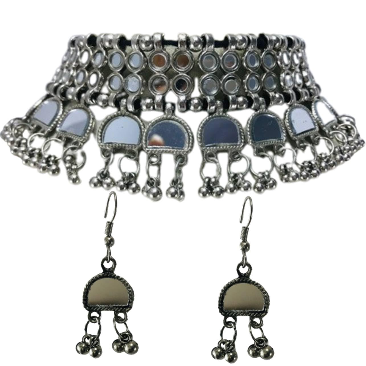 THE OPAL FACTORY Antique Silver Oxidised Mirror Bohemian Jewellery Choker Necklace with Short Drops with Earrings for Women and Girls (B0CJYGL3DQ) Amazon Price History, Amazon Price Tracker
