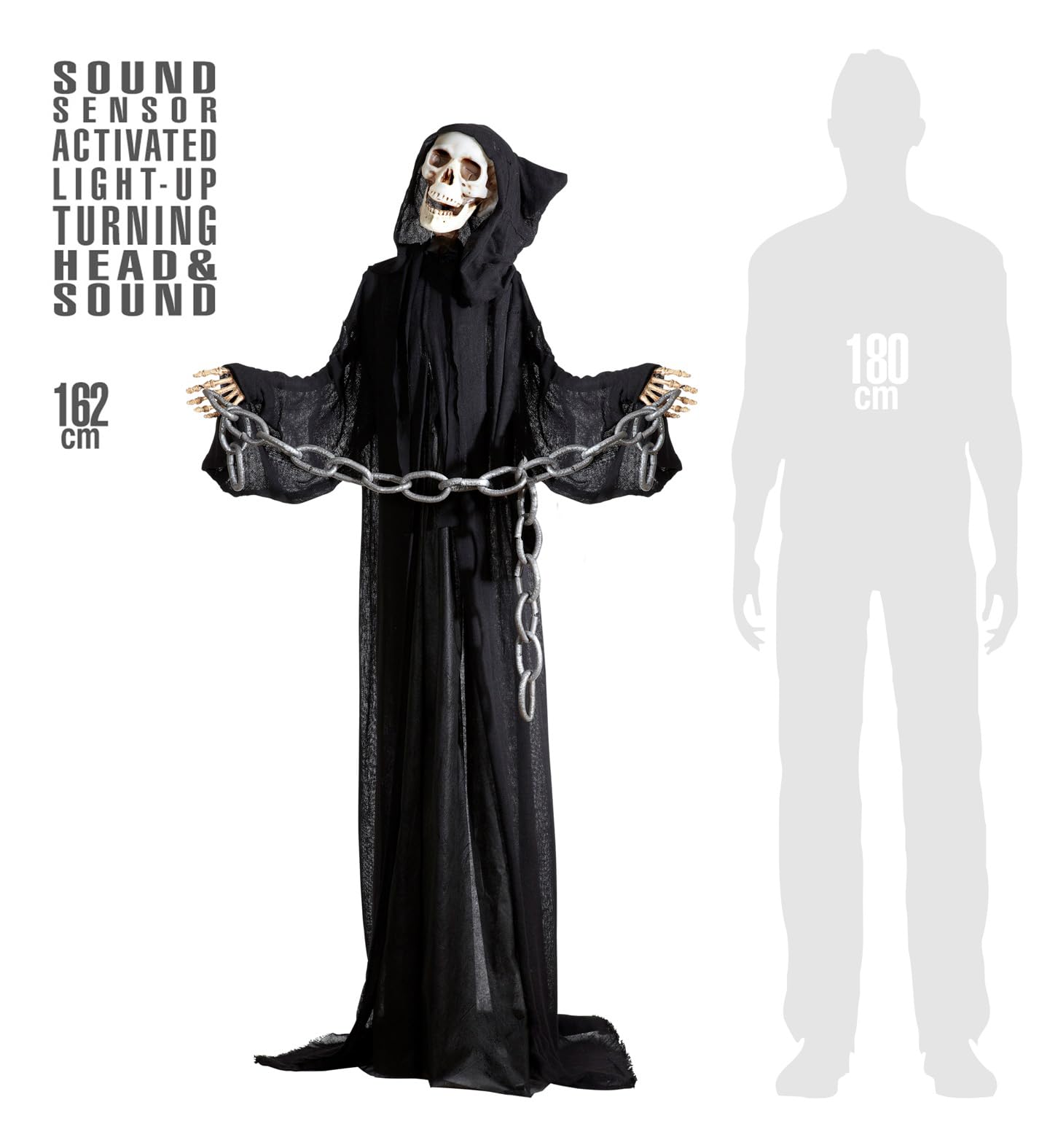 W WIDMANN MILANO Party Fashion - Triste Mietitore con suono 162 cm | Decorazioni di Halloween con testa luminosa girevole ed effetti sonori per feste a tema horror