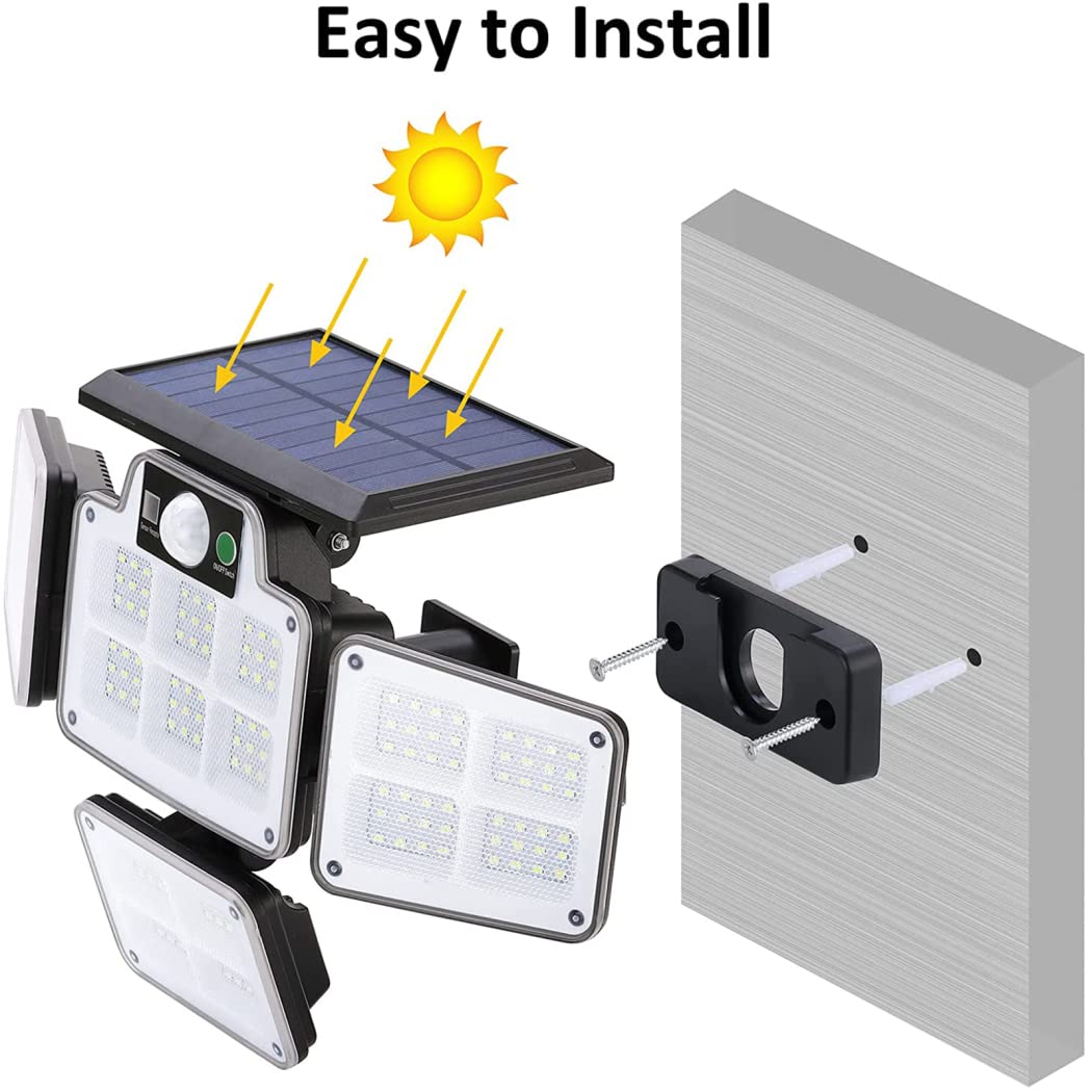 Luz Solar Exterior, 4 Cabezas 228LED Lampara Solar Exterior Con Mando A Distancia Focos Solares Con Sensor De Movimiento IP65 Impermeable Exterior Para Frente Jardin Garaje Camino Patio