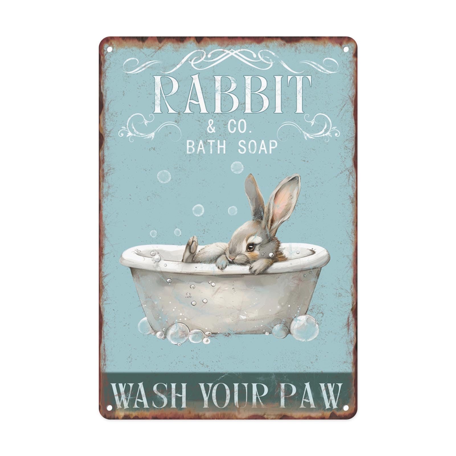 Rabbit Wash Your Paws Bathroom Tin Sign, 12x8 Inch