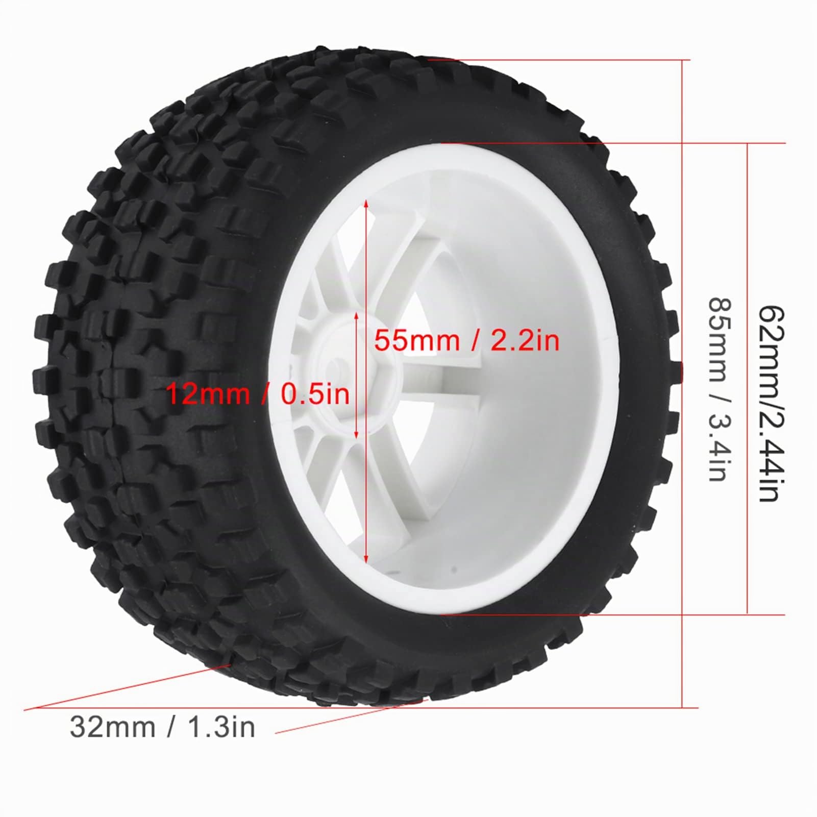 Tyenaza Pneus RC 1/10 Tout-Terrain, Roues RC 1/10, pneus de Buggy RC, Jantes en Plastique et pneus en Caoutchouc à Motif carré Noir, 4 pièces universelles (Blanc)