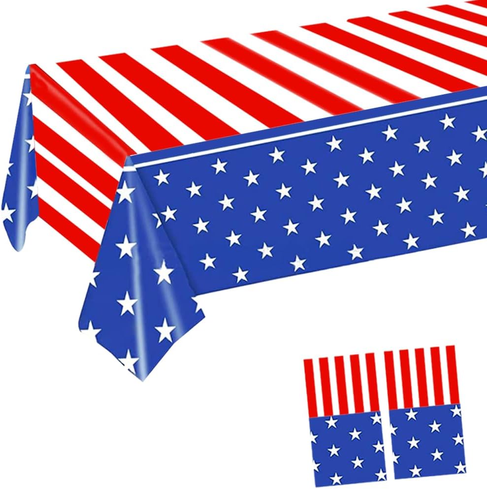 2 Pack Independence Day Plastic Tablecloths Fourth of July Party Plastic Table Covers Disposable Table Cloths BBQ Picnic Party Waterproof Tablecloth TableCovers 54 x 108 in