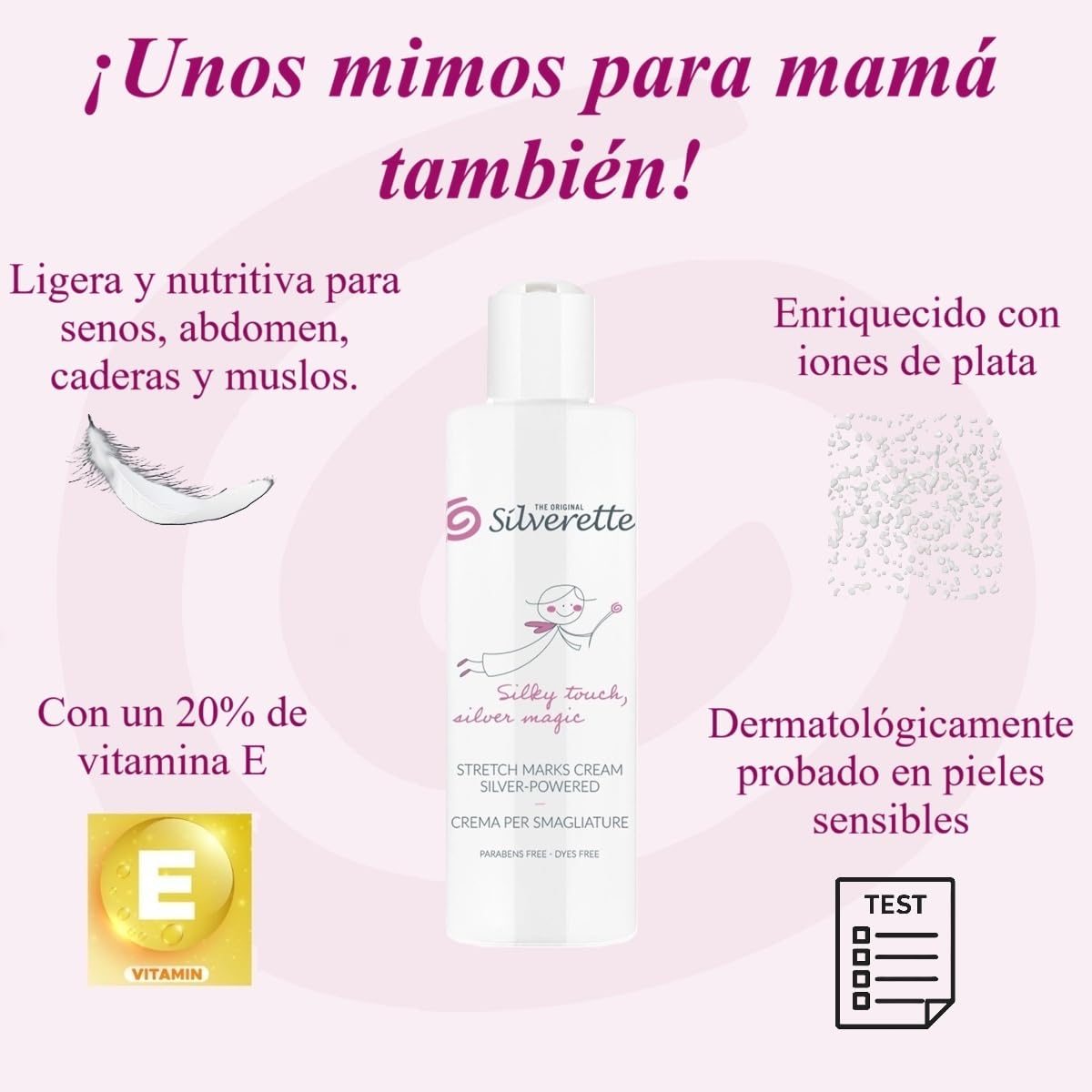 Silverette La Crema Original Antiestrías para el Embarazo y el Posparto, Favorece la elasticidad con vitamina E e iones de plata, Hidratante, Dermatológicamente probada, Hecha en Italia, 200 ml