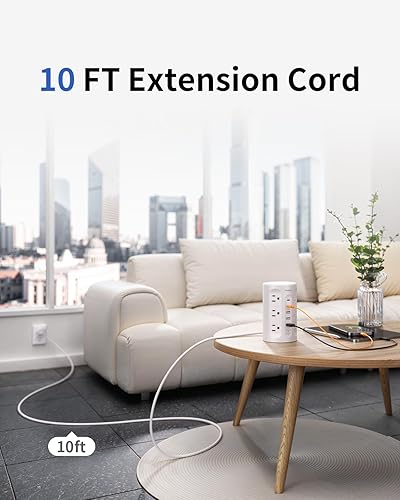 Miniatura 5 de Torre de regleta con luz nocturna, torre protectora de sobretensiones con múltiples salidas (12AC+3A+2C), estación de carga de cable de extensión de