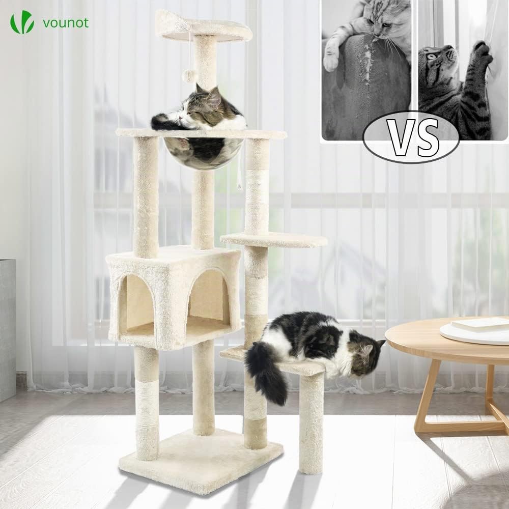 VOUNOT® Árbol Rascador para Gatos, Poste Rascador Estable para Gatos con Nido, Plataformas, Cápsula Espacial y Bola para Gatos, 138cm, Beige
