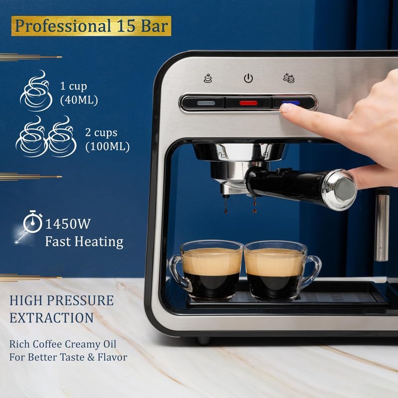 Miniatura 2 de Mixpresso Máquina de café expreso profesional para el hogar, 15 bares con espumador de leche, máquina de café expreso con divisor de doble taza,