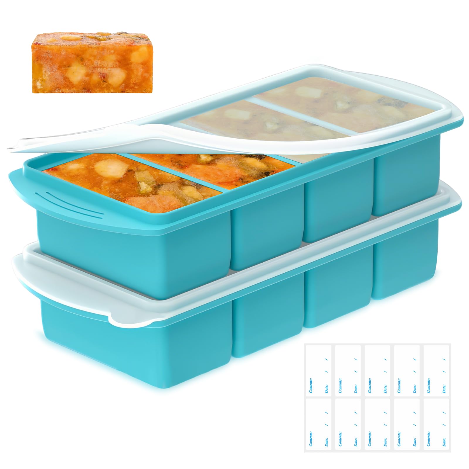 2 Pack Silicone Soup Freezer Containers - Food Grade Silicone Food Freezer Trays with Lid for Soup Storage & Batch Cooking, Reusable Freezer Ice Cubes for Meal Prep, Label Tag Include(4 Grids, Blue)
