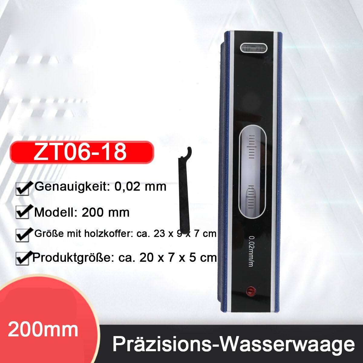 Präzisions Wasserwaage 200mm, Maschinenwasserwaage 0.02 mm/m Hochpräziser Nivellieranwendungen Wasserwaage zum horizontalen Ausrichten, con Isoliergriff Holzkoffer