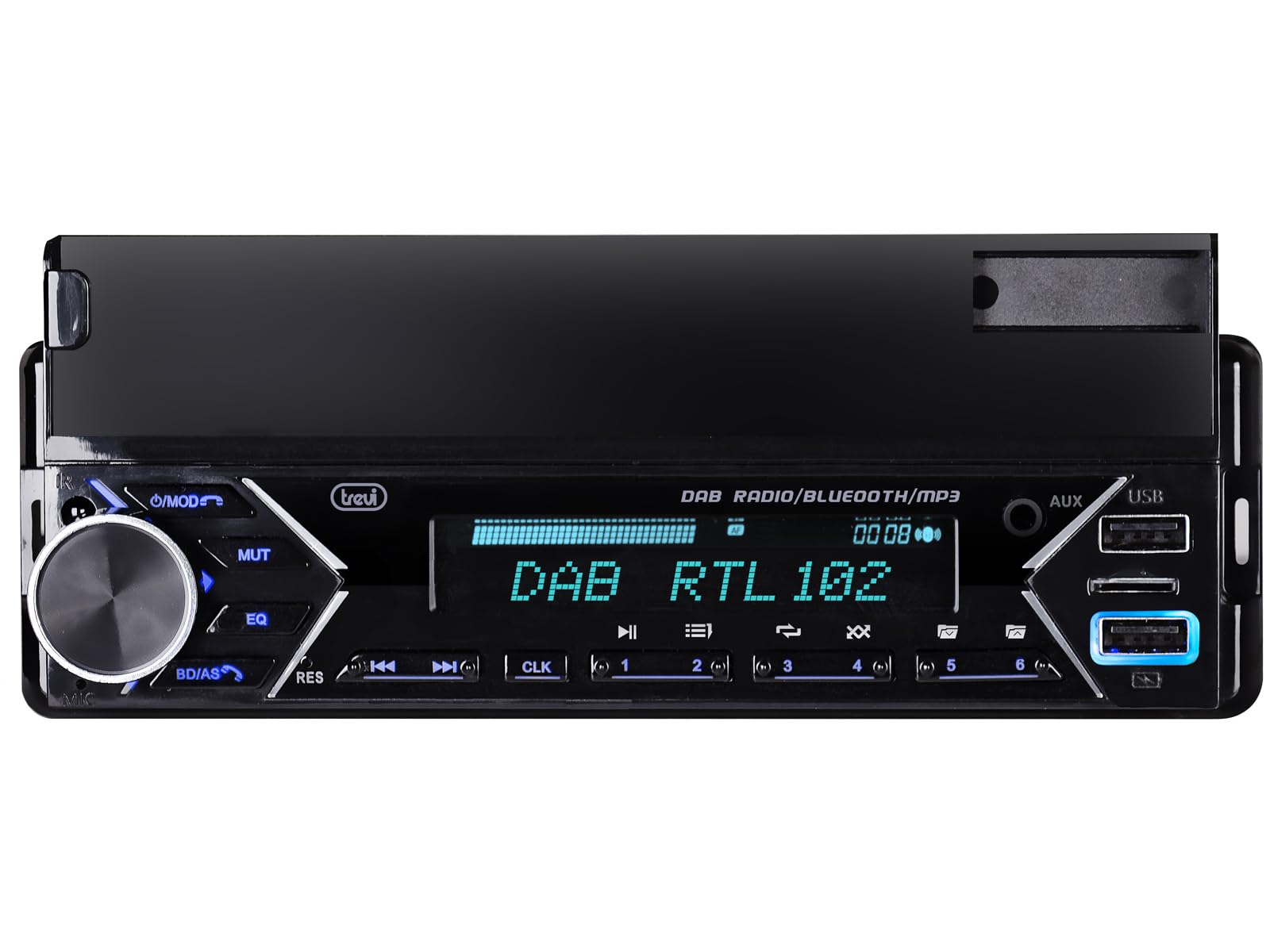 Trevi SCD 5753 DAB Autoradio Digitale 160W con Supporto Smartphone Fino a 7", Wireless e Ricarica USB Veloce, Antenna Inclusa e App Dedicata