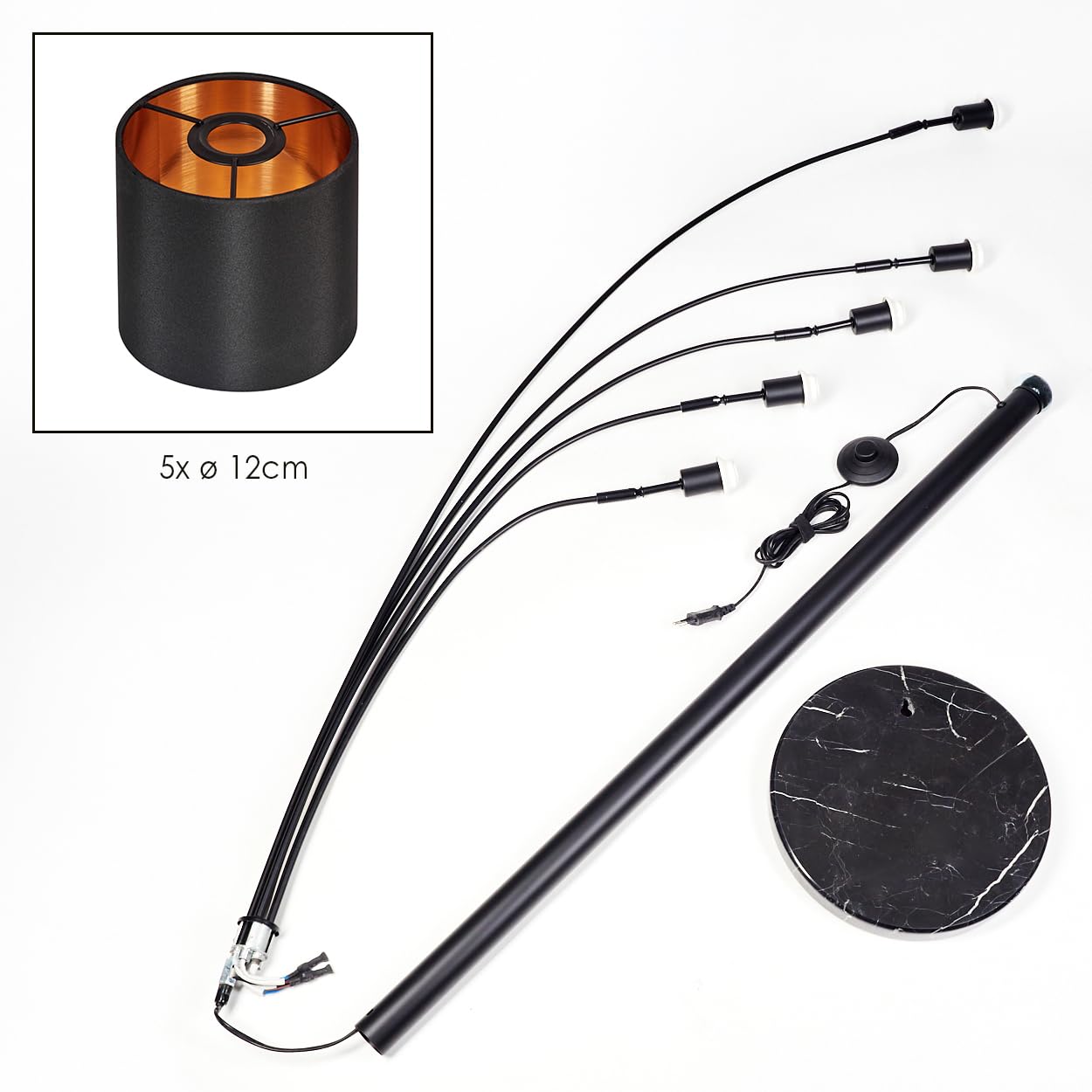 HOFSTEIN Stehleuchte Alsen, moderne Stehlampe mit Marmorfuß aus Metall/Stoff in Schwarz/Kupferfarben, verstellbare Leuchte, Fußschalter, E14, Wohnzimmer, Schlafzimmer, Flur, Büro