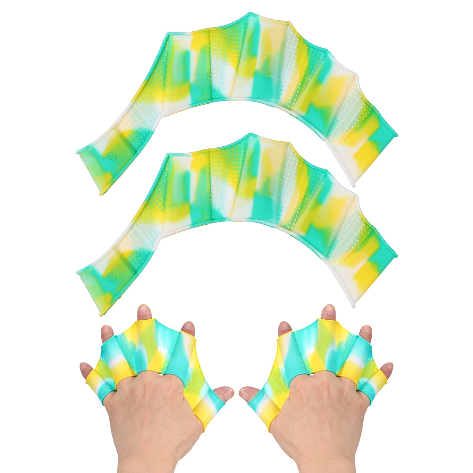YELARXI Silicone Swimming Gloves, Webbed Gloves for Swimming Half-Finger Frog Type Water Resistance Gear Swim Fins For (Aquatic Training/Surfing/Snorkeling), 8 x 6" & 2 Pair & Green Yellow