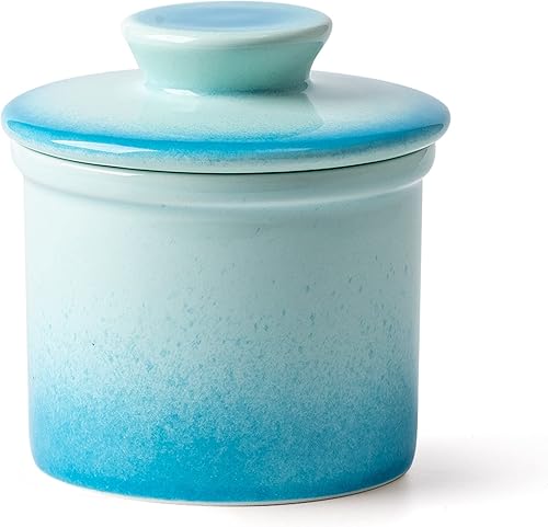 XELA Mantequilla de porcelana para mantequilla francesa para mostrador, mantequera con línea de agua para mantequilla fresca y untable color azul