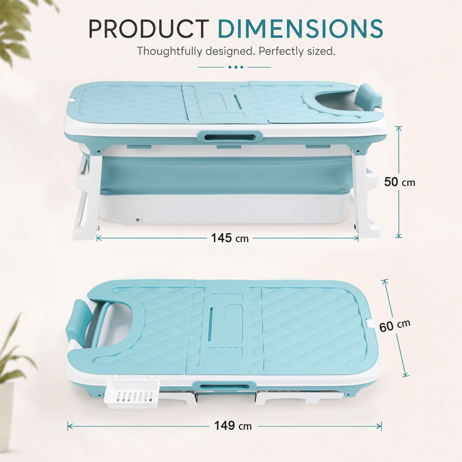 Vasca da bagno portatile pieghevole per adulti, 149 x 60 x 50 cm, con copertura, rulli massaggianti e cestino per sapone, blu, per bagno e doccia
