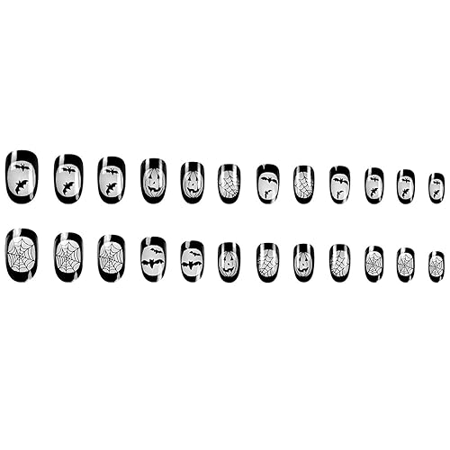 Miniatura 27 de Uñas postizas a presión de Halloween, cuadradas, medianas, francesas, color negro, degradado, cobertura completa, calavera, corazón rosa, con Uñas