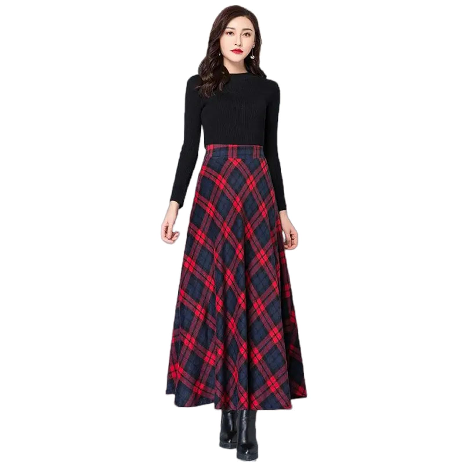 Mdybf Gonna Lunga Donna Autumn Inverno Inverno A Quadri Rossi Ad Alta Vita con Gonne A Lunghezza A-Riga Tartan-Un-l