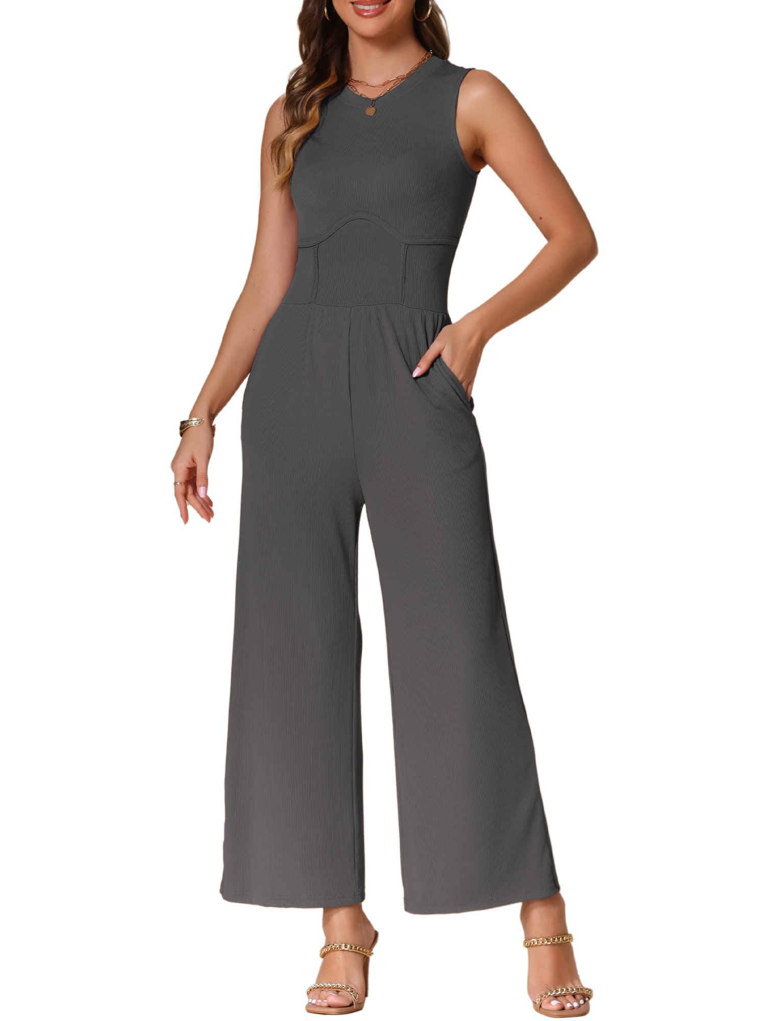 Allegra K Mono de verano para mujer, elegante, casual, sin mangas, cuello redondo, pantalones de pierna ancha