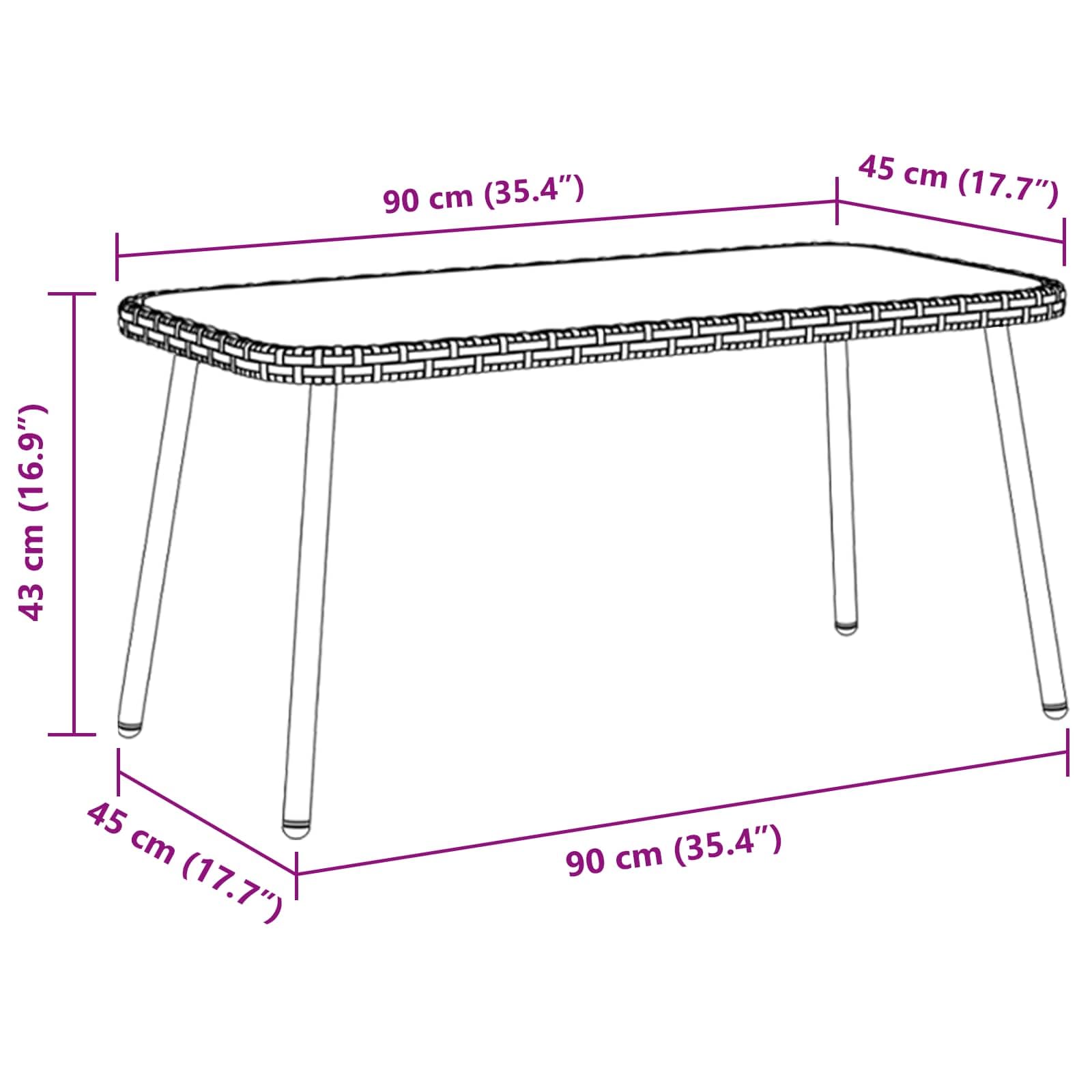 Stolik kawowy z polirattanu, 90 x 45 x 43 cm, odporny na warunki atmosferyczne, do ogrodu, na taras, balkon, stolik pomocniczy, stolik pomocniczy, do użytku na zewnątrz, prostokątny, owalny