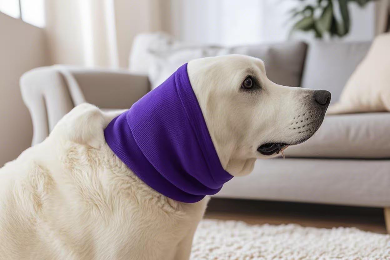 Dog Calming Band, Dog Ear Cover Anxiety Relief – Noise Canceling for Fireworks, Thunderstorms, Pet Grooming &amp; Force Drying(Purple L)