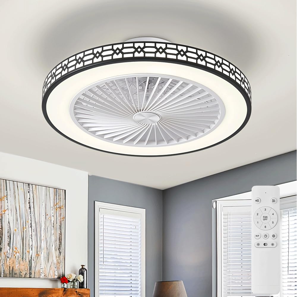 Low Profile Ceiling Fans with Lights and Remote, 20" Modern Enclosed Ceiling Fan with Light, Reversible Airflow Fan Light with 3000-6000K Dimmable&6 Speeds,Flush Mount LED Fan Ceiling for Bedroom