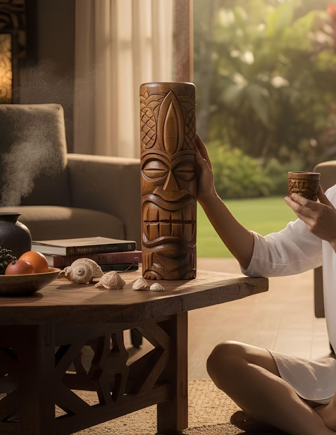 Coco Papaya Grand Totem Statue Tiki 50cm en Bois Massif sculpté à la Main