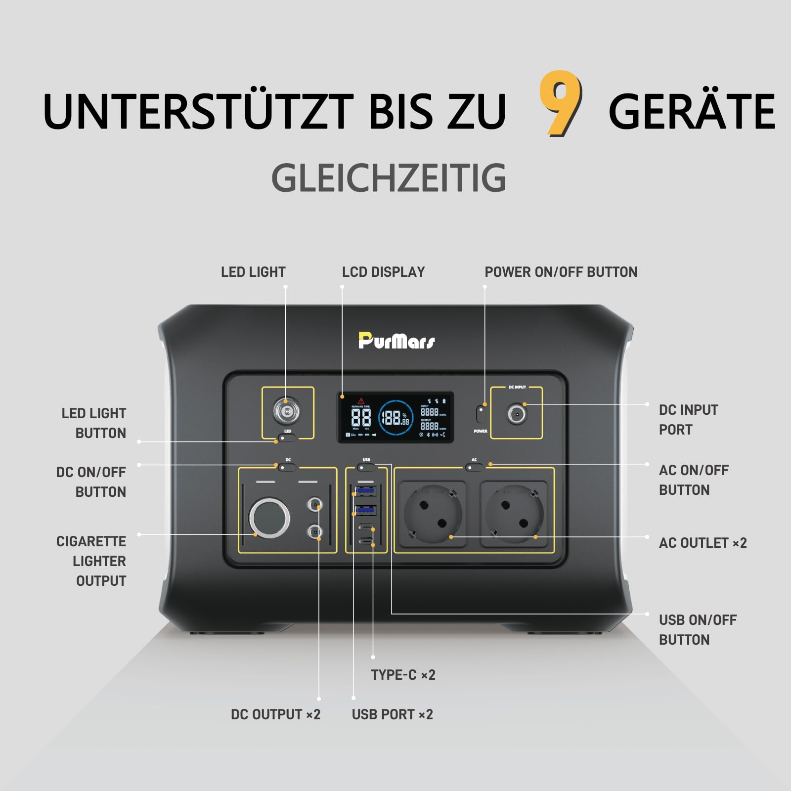 Station d'alimentation portable 600 W, 538 Wh, générateur solaire avec batterie LiFePO4, puissance de crête 1200 W, entrée/sortie d'alimentation USB-PD-100 W, batterie externe solaire avec 2 sorties