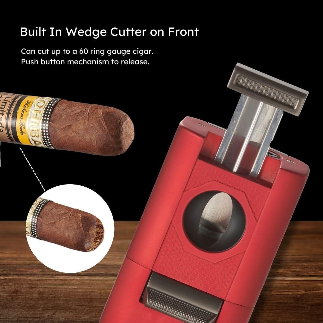 Personalized Visol Joplin Quad Torch Multi-Tool Table Lighter, Built in Guillotine and Wedge Cutters, Butane Refillable Adjustable Flame Lighter (Shipped Without Butane) with Free Engraving (Red)