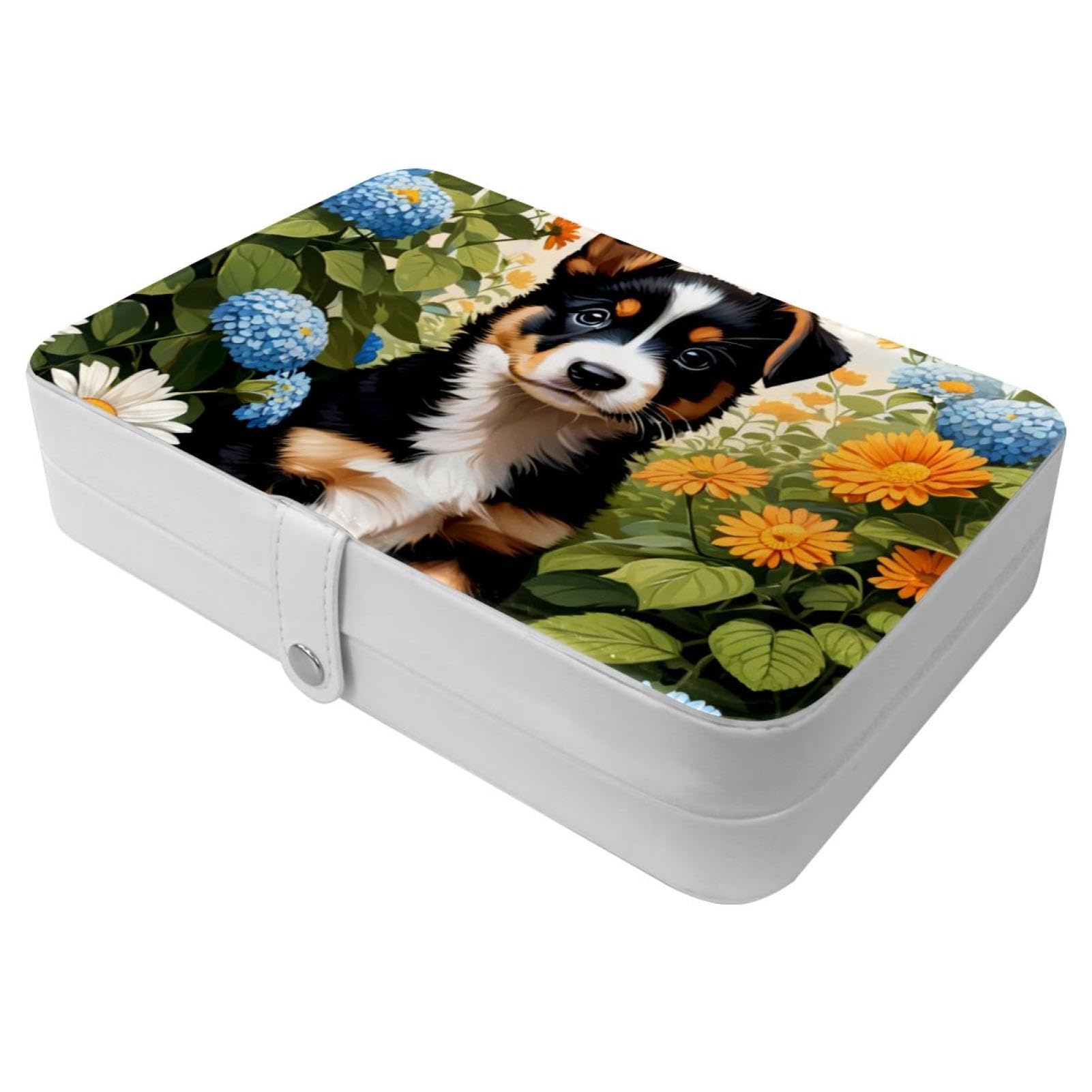 Boîte à bijoux cadeau demoiselle d'honneur en cuir avec motif chien mignon et fleurs