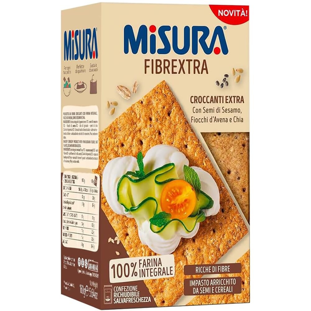 Misura Fibrextra Croccanti Extra, Farina Integrale con Semi di Sesamo, Fiocchi d'Avena e Chia, 160g, Confezione da 8