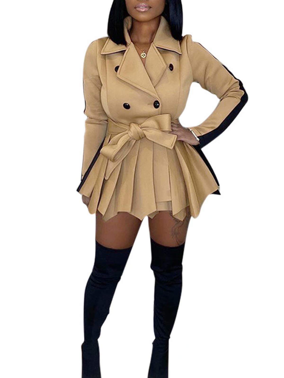 RAMOUGTwo Tone Lapel V Neck Double Breasted Peplum Jacket Sexy Belted Blazer Mini Dress